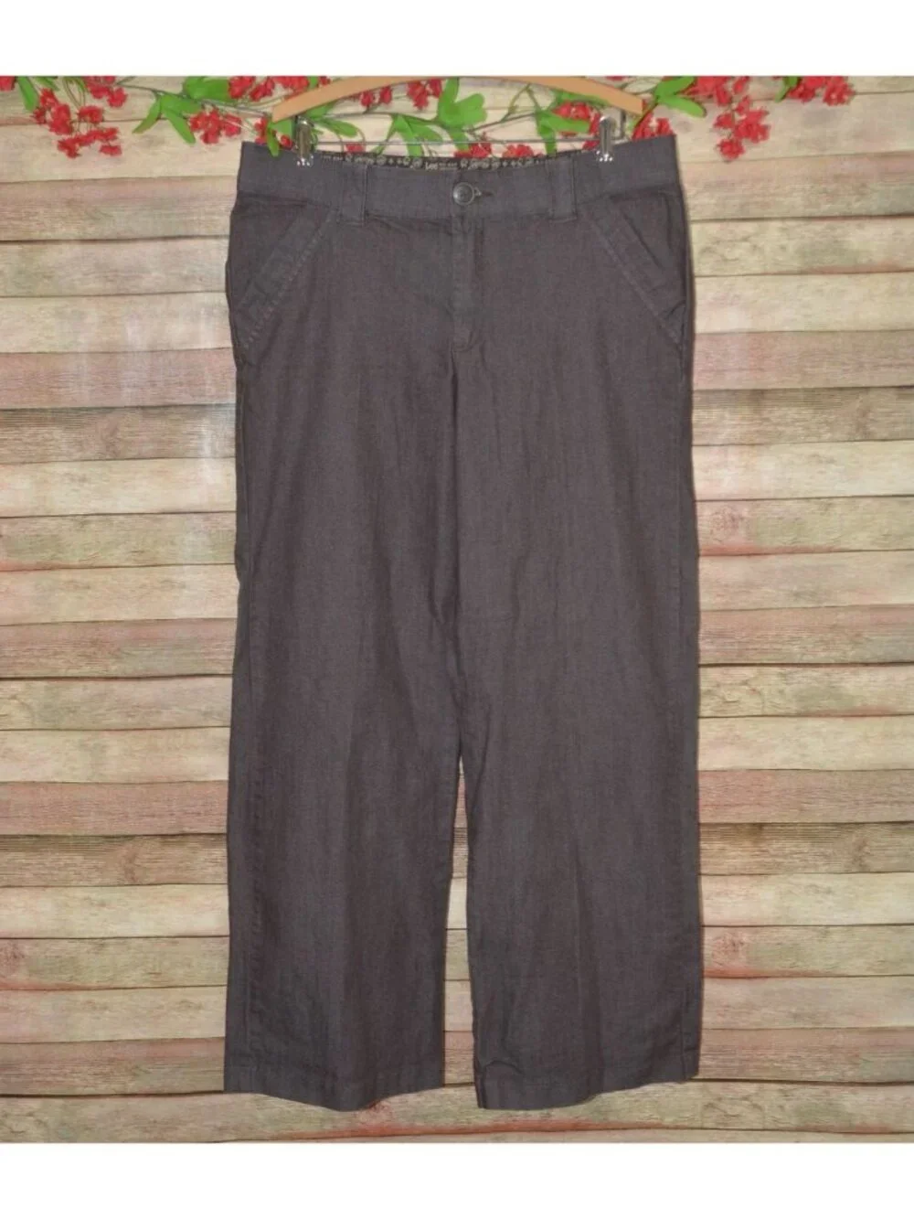 Lee No Gap Waistband Pants Womens 16 M Brown Straight Leg Stretch Cotton Trouser